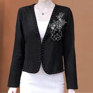 Black Embroidered Open-Front Women's Jacket